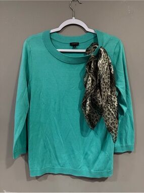 Talbots Teal Long-Sleeve Knit Top with Leopard-Print Silk Scarf Accent